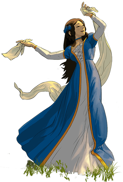 Lumi dances with joy as her lover Princess Francis appears behind her. Lumi White, the LGBTQIA graphic novel.