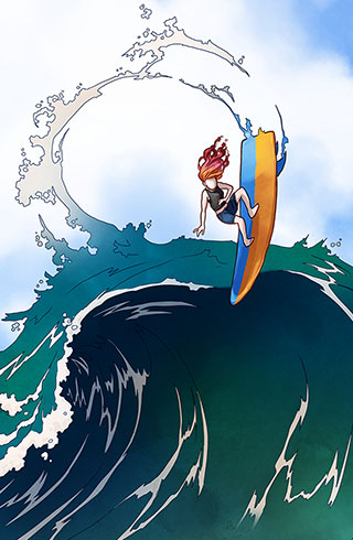 Verity surfing a wave